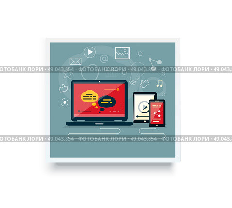 Concept of wireless cloud network and distributed computing. Web application optimization. Responsive pc. Cloud technology, cloud computing concept, computer, cloud computing icon, server, network. Стоковая иллюстрация, агентство Ingram Publishing / Фотобанк Лори