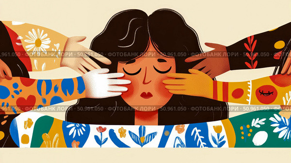Concept: Overwhelmed; Abstract depiction of a woman with multiple hands touching her face, symbolizing stress or support. Стоковое AI-изображение, AI-художник Данила Большаков / Фотобанк Лори