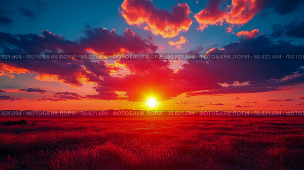 Concept: prairie sunrise, an awakening of light and shadow over a field of grass in bright reds and oranges, for print, card, poster. Стоковое AI-изображение, AI-художник Данила Большаков / Фотобанк Лори