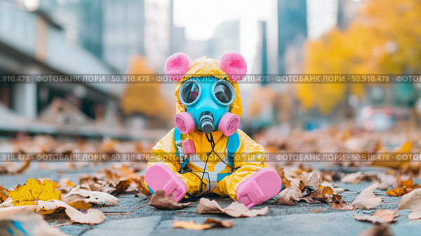 Concept: Surreal, Humorous; A plush toy wearing a gas mask sitting among fallen autumn foliage outdoors. Стоковое AI-изображение, AI-художник Данила Большаков / Фотобанк Лори