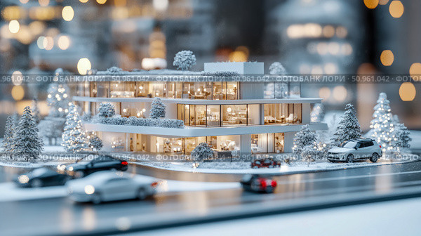 Concept: Winter Holiday display of a modern residence with luxury autos and snowy evergreens miniature for seasonal celebration. Стоковое AI-изображение, AI-художник Данила Большаков / Фотобанк Лори