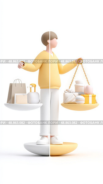 Conceptual balance: minimalist human balancing consumer goods and luxury items. Стоковое AI-изображение, AI-художник Мария Фадеева / Фотобанк Лори