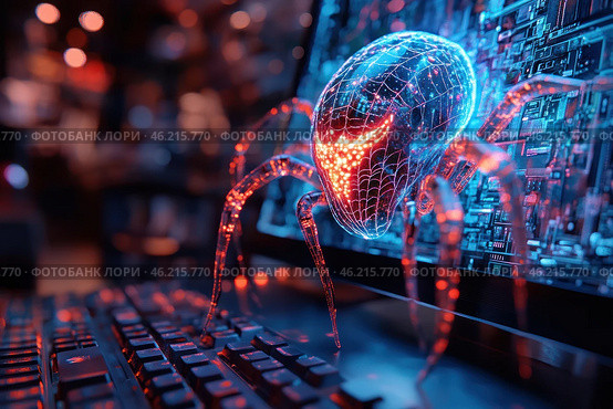 Conceptual image of a digital spider emerging from a computer screen. This spider is made in a cyberpunk style and consists of glowing blue and red digital lines, reminiscent of network structures or data flows. Its menacing appearance symbolizes cyber threats such as viruses, hacker attacks or malware. In the foreground is a keyboard, which enhances the feeling of an intrusion into the computer system. The background is blurred, with subdued lighting, which creates an atmosphere of mystery and technological danger. Стоковое AI-изображение, AI-художник Анна Кривицкая / Фотобанк Лори