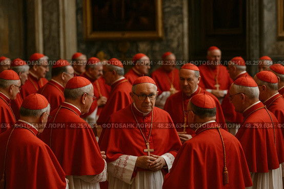 Conclave. Group of mature caucasian catholic cardinals in red robes engaging in conversation. Стоковое AI-изображение, AI-художник Башкирова Анна / Фотобанк Лори
