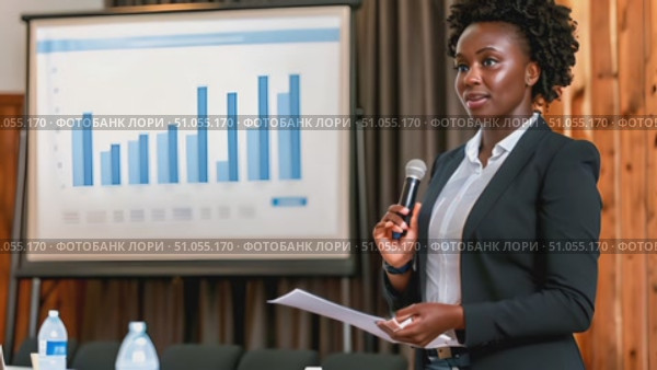 Confident African American woman is standing in front of a microphone, holding a piece of paper while preparing to speak. Стоковое AI-видео, аниматор Данила Большаков / Фотобанк Лори