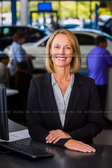 Confident businesswoman in a professional suit stands at a reception desk in a modern automotive dealership, smiling warmly, showcasing customer service and professionalism in a vibrant environment. Стоковое AI-изображение, AI-художник Ирина Ручушкина / Фотобанк Лори