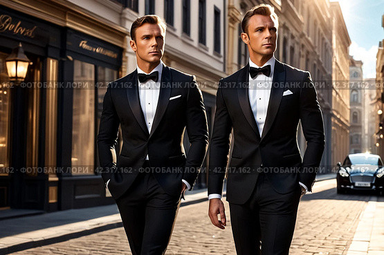 Confident handsome stylish guy in tuxedo and bow tie posing at urban street, serious look. Portrait of fashionable young man businessman in tux outside, lux image James Bond style. Copy ad text space. Стоковое AI-изображение, AI-художник Aleksandr Golubev / Фотобанк Лори