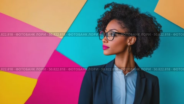 Confident Woman in Blazer Against Colorful Geometric. Стоковое AI-видео, аниматор Данила Большаков / Фотобанк Лори