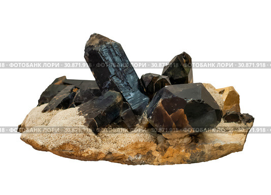 Conglomerate of morion, feldspar and mica crystals isolated on white background. Стоковое фото, фотограф Евгений Харитонов / Фотобанк Лори