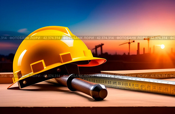 Construction tools (hammer, helmet, ruler) against background of cranes at sunset. demonstrating quality and professionalism in building construction. Стоковое AI-изображение, AI-художник Алла Чесноковва / Фотобанк Лори