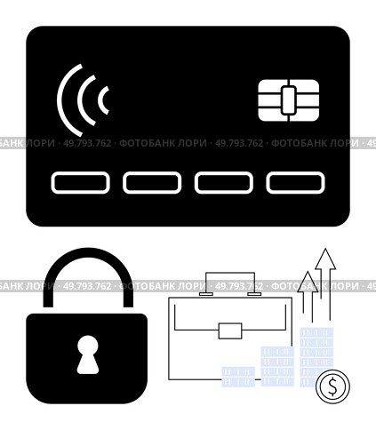 Contactless credit card, lock, suitcase, growth arrows, and stacked coins. Ideal for security, finance, banking business investment security technology online transactions. Line metaphor. Contactless Credit Card, Lock, Suitcase with Graph Arrows and Coins Depicting Security, Finance Growth. Стоковая иллюстрация, агентство Ingram Publishing / Фотобанк Лори
