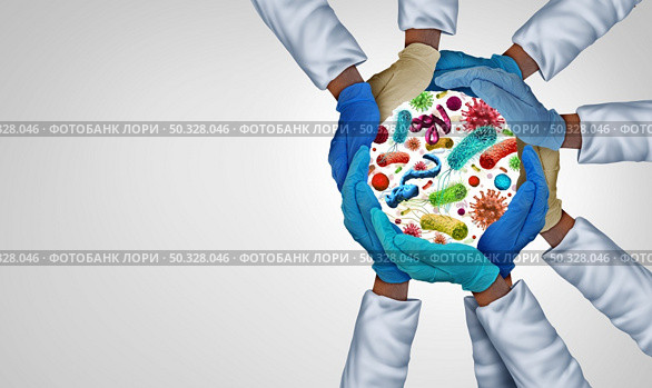 Containing disease team and containment of infectious germs and contagious virus as a united health system and essential hospital workers as a group of doctors and nurses joining together unified with 3D illustration elements. Стоковое фото, агентство Ingram Publishing / Фотобанк Лори