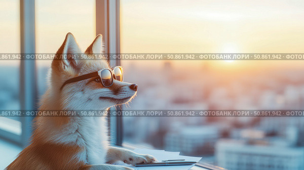 Contemplative Fox: A moment of introspection and business strategy, envisioning the future by the office window during the serene time of dawn. Стоковое AI-изображение, AI-художник Данила Большаков / Фотобанк Лори