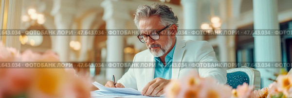 Contemplative gentleman, crafting prose amidst floral grace: An author at work, penning narratives in a bloom-adorned ambient. Стоковое AI-изображение, AI-художник Данила Большаков / Фотобанк Лори
