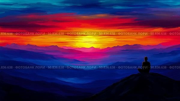 Contemplative Sunrise: Silhouette Meditating Atop Mountain, Inspiring Tranquility And Hope For Future. Стоковое AI-изображение, AI-художник Данила Большаков / Фотобанк Лори