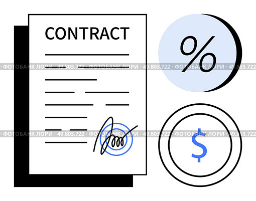 Contract with signature next to percentage and dollar usd symbols. Ideal for business agreements, investment planning, legal documents, financial contracts, blockchain technology, digital. Contract Signing with Percentage and Cryptocurrency Symbols Representing Blockchain and Investment Concepts. Стоковая иллюстрация, агентство Ingram Publishing / Фотобанк Лори