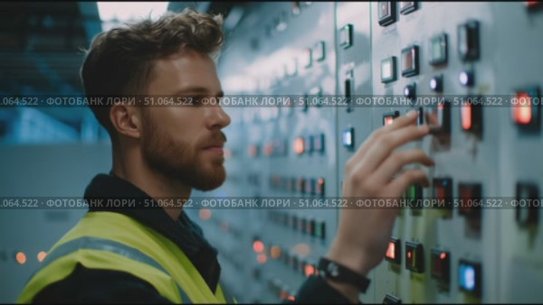 Control panel operation in a facility by technician wearing safety gear. Стоковое AI-видео, аниматор Сергей Толмачёв / Фотобанк Лори