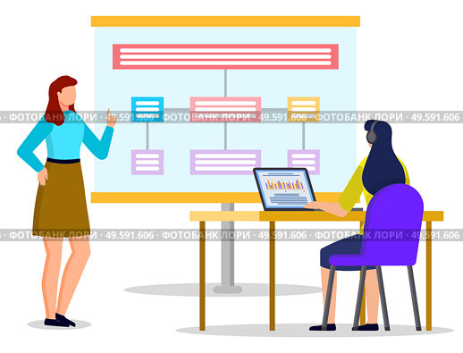 Conversation between office worker and manager about work. Two women look at data diagrams and schemas on board. Lady working on laptop during meeting. Vector illustration of appointment in flat style. Women on Appointment at Office, Working Together. Стоковая иллюстрация, агентство Ingram Publishing / Фотобанк Лори
