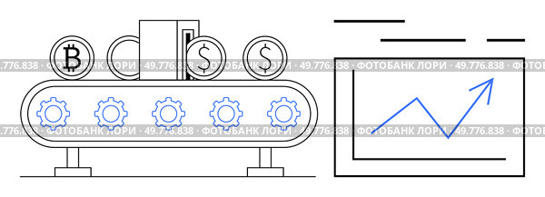 Conveyer belt transporting Bitcoin, Dollar, and Pound coins with gears. Screen displays a growing graph. Ideal for finance, investment, cryptocurrency, blockchain technology, automation, fintech. Cryptocurrency and Finance Conveyer Belt with Coins and Tablet Showing a Growth Chart. Стоковая иллюстрация, агентство Ingram Publishing / Фотобанк Лори
