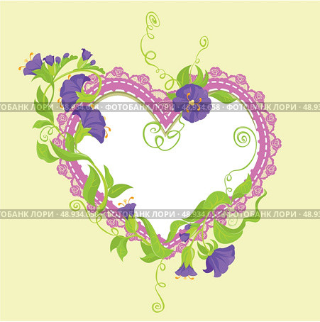 Convolvulus Flowers bouquet and lace heart - design for wedding invitation or Valentines Day card. Стоковая иллюстрация, агентство Ingram Publishing / Фотобанк Лори