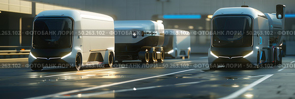Convoy of large semi trucks moving down a busy city street, showcasing the industrial aspect of transportation and logistics. Стоковое AI-изображение, AI-художник Данила Большаков / Фотобанк Лори