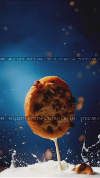 Cookies with chocolate chunks fly and fall into milk. Dark Key. Стоковое AI-видео, аниматор Алла Чесноковва / Фотобанк Лори