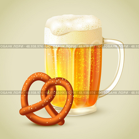 Cool glass mug of cold golden beer with froth and pretzel emblem vector illustration. Стоковая иллюстрация, агентство Ingram Publishing / Фотобанк Лори