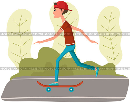 Cool hipster man with skateboard in park. Young man, riding transport on road. Urban citizen doing sports. Modern guy pushes off and rides. Male character riding skateboard vector illustration. Male character riding skateboard vector illustration. Cool hipster man rides skate in park. Стоковая иллюстрация, агентство Ingram Publishing / Фотобанк Лори
