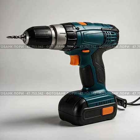 Cordless drill with adjustable torque on a neutral background showing versatile tool for various DIY projects. Стоковое AI-изображение, AI-художник Сергей Толмачёв / Фотобанк Лори
