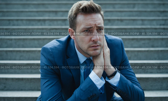 Corporate professional in despair sitting on staircase, encapsulating themes of financial collapse, career setbacks, burnout, and overwhelming stress. Стоковое AI-изображение, AI-художник Павел Муравьев / Фотобанк Лори