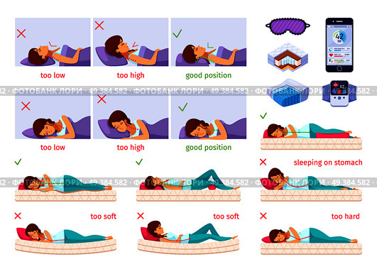 Correct sleeping cartoon set of flat isolated images with female human characters and isometric orthopedic inserts vector illustration. Sleeping Nice Cartoon Set. Стоковая иллюстрация, агентство Ingram Publishing / Фотобанк Лори