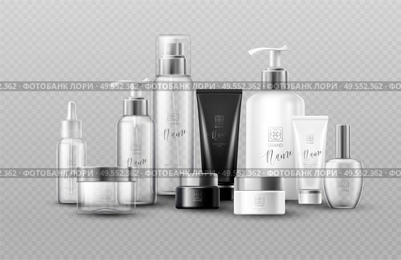 Cosmetic bottle mock up set isolated packages on gray background. Real transparency effect. Vector illustration EPS10. Cosmetic bottle mock up set isolated packages on gray background. Real transparency effect. Vector illustration. Стоковая иллюстрация, агентство Ingram Publishing / Фотобанк Лори