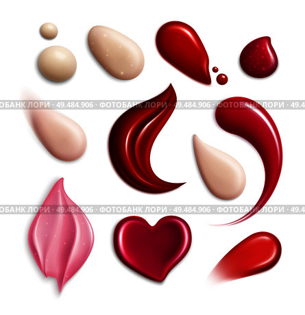 Cosmetic foundation lipgloss cream smears realistic icon set with swatch different shapes and tones vector illustration. Стоковая иллюстрация, агентство Ingram Publishing / Фотобанк Лори