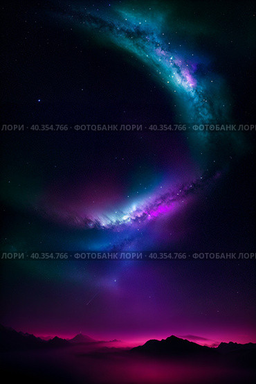 Cosmic landscape of the planet's surface and the starry sky in a distant galaxy. Generative AI. Стоковое AI-изображение, AI-художник Mixail59 / Фотобанк Лори