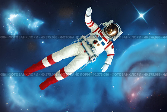 Cosmonaut in outer space. April 12 - Cosmonautics Day. Стоковое AI-изображение, AI-художник Сергей Елизарьев / Фотобанк Лори