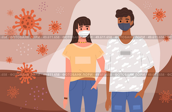Couple of people is wearing medical masks. People adhere to quarantine regulations. Cartoon characters on the background of coronaviruses and bacterias, quarantine period, vector illustration. Couple of people wears medical masks. Cartoon characters on the background of virus and bacteria. Стоковая иллюстрация, агентство Ingram Publishing / Фотобанк Лори