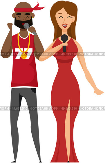 Couple of singers with microphones. Cartoon afro-american male, female vocalists singing in duet isolated characters. Bearded guy, stylish girl enjoying karaoke performance, having fun on stage. Couple of singers with microphones. Cartoon afro-american male, female vocalists singing in duet. Стоковая иллюстрация, агентство Ingram Publishing / Фотобанк Лори