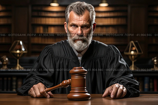 Court of Law and Justice Trial Session: Imparcial Honorable Judge Pronouncing Sentence, striking Gavel. Focus on Mallet, Hammer. Cinematic Shot of Dramatic Not Guilty Verdict. Close-up Shot. Стоковое AI-изображение, AI-художник Ирина Михайличенко / Фотобанк Лори