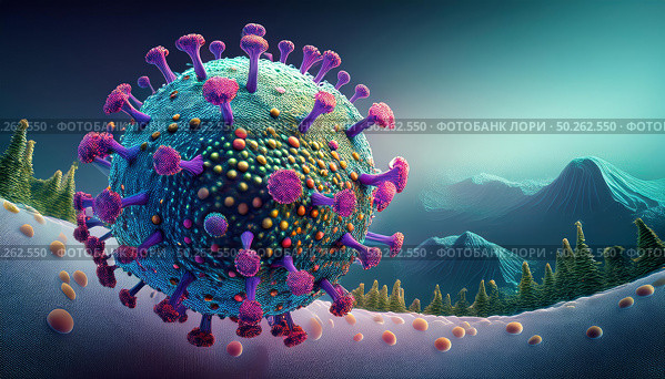 Covid-19 virus magnified, spiked structure with colorful proteins - attacking human cell membrane - forested mountainous background - conveying infection, transmission, and global pandemic theme. Стоковое AI-изображение, AI-художник Андрей Ка / Фотобанк Лори