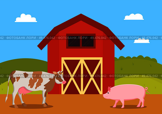 Cow and pig swine on farm. Mammal animals on ranch. Red barn for piglet to live inside agriculture and breeding natural production vector illustration. Cow and Pig Swine on Farm Vector Illustration. Стоковая иллюстрация, агентство Ingram Publishing / Фотобанк Лори