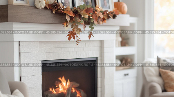 Cozy autumn living room featuring a decorated fireplace with seasonal foliage and family photos on the mantel. Стоковое AI-изображение, AI-художник Сергей Толмачёв / Фотобанк Лори