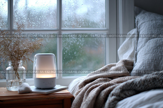 Cozy bedroom scene with soft blanket, warm lamp, and serene rain-soaked window ambiance. Стоковое AI-изображение, AI-художник Гайфуллина Дина / Фотобанк Лори