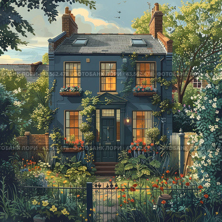 Cozy house with a blue facade and a large garden in front of it. The house is two stories high, with brick chimneys and large windows pouring in warm light. There are flower pots with bright flowers on the windows. The garden in front of the house is full of a variety of plants, flowering shrubs and flowers, creating an atmosphere of comfort and peace. There is a small fence around the garden, and trees and neighboring houses are visible behind the house. Light clouds float against the sky, creating the feeling of a warm summer day. Стоковое AI-изображение, AI-художник Анна Кривицкая / Фотобанк Лори