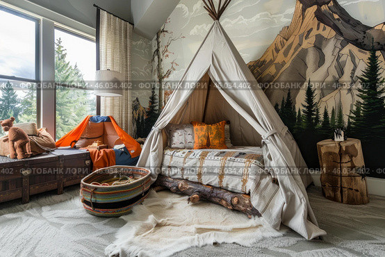 Cozy kids room embracing the spirit of camping with teepee and mountain mural. Стоковое AI-изображение, AI-художник Иван Рябоконь / Фотобанк Лори