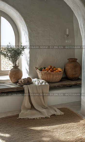 Cozy Nook With Fruits and Pottery in a Sunlit Room of a Rustic Home. Стоковое AI-изображение, AI-художник Юлия Гапеенко / Фотобанк Лори