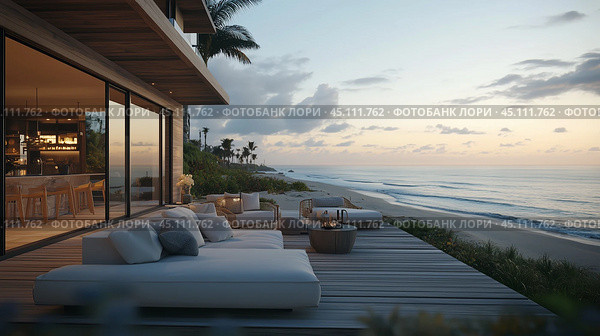 Cozy oceanfront terrace with loungers at sunset overlooking tranquil waves near a tropical beach resort. Стоковое AI-изображение, AI-художник Сергей Толмачёв / Фотобанк Лори