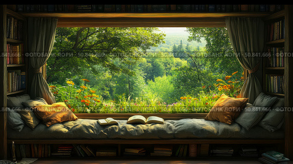 Cozy Reading Nook: An inviting window seat with open books, soft pillows, and a serene garden view, perfect for relaxation and literary escape. Стоковое AI-изображение, AI-художник Данила Большаков / Фотобанк Лори