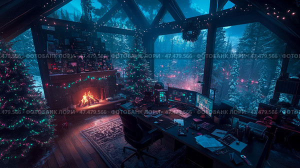 Cozy Winter Solstice Cyber Workstation: Celebrating Festive Cheer in a High-Tech Snowy Cabin. Стоковое AI-изображение, AI-художник Данила Большаков / Фотобанк Лори