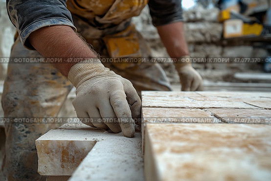 Craftsman shaping stone in a workshop during daylight hours. Ремесленник обрабатывает камень в мастерской в светлое время суток. Стоковое AI-изображение, AI-художник Katsiaryna Repich / Фотобанк Лори