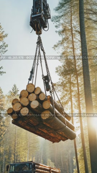 Crane lifting logs onto truck in forest at sunrise. Стоковое AI-видео, аниматор Юрий Поздников / Фотобанк Лори